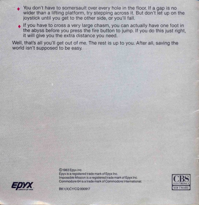 Impossible Mission Manual Back Cover 