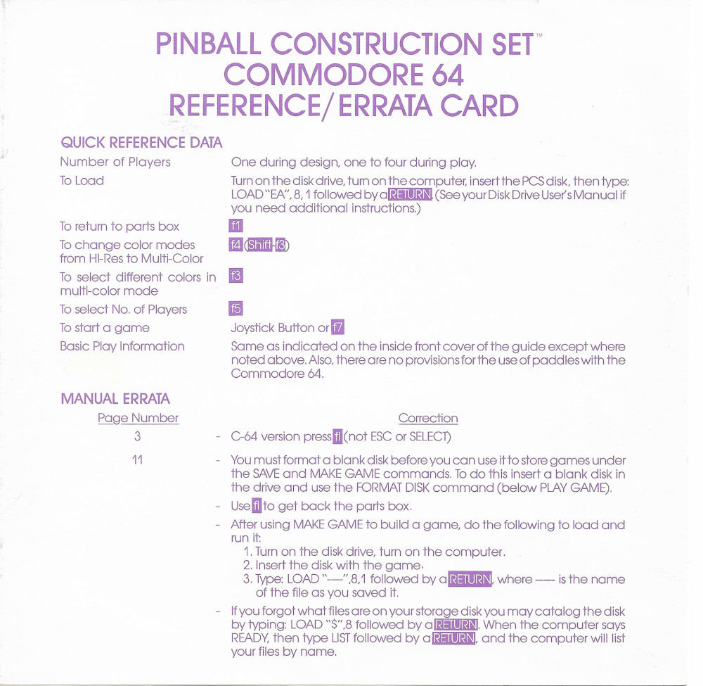 Pinball Construction Set reference card side 1