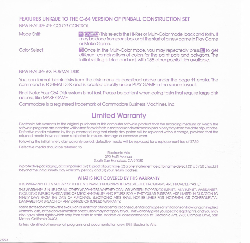 Pinball Construction Set reference card side 2