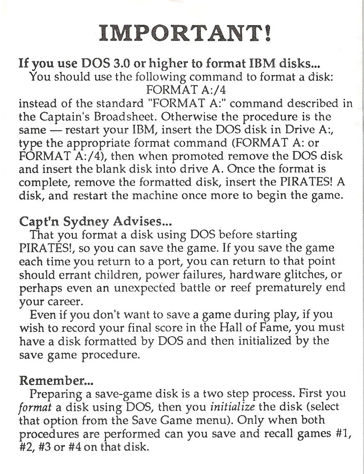 Pirates! format instructions