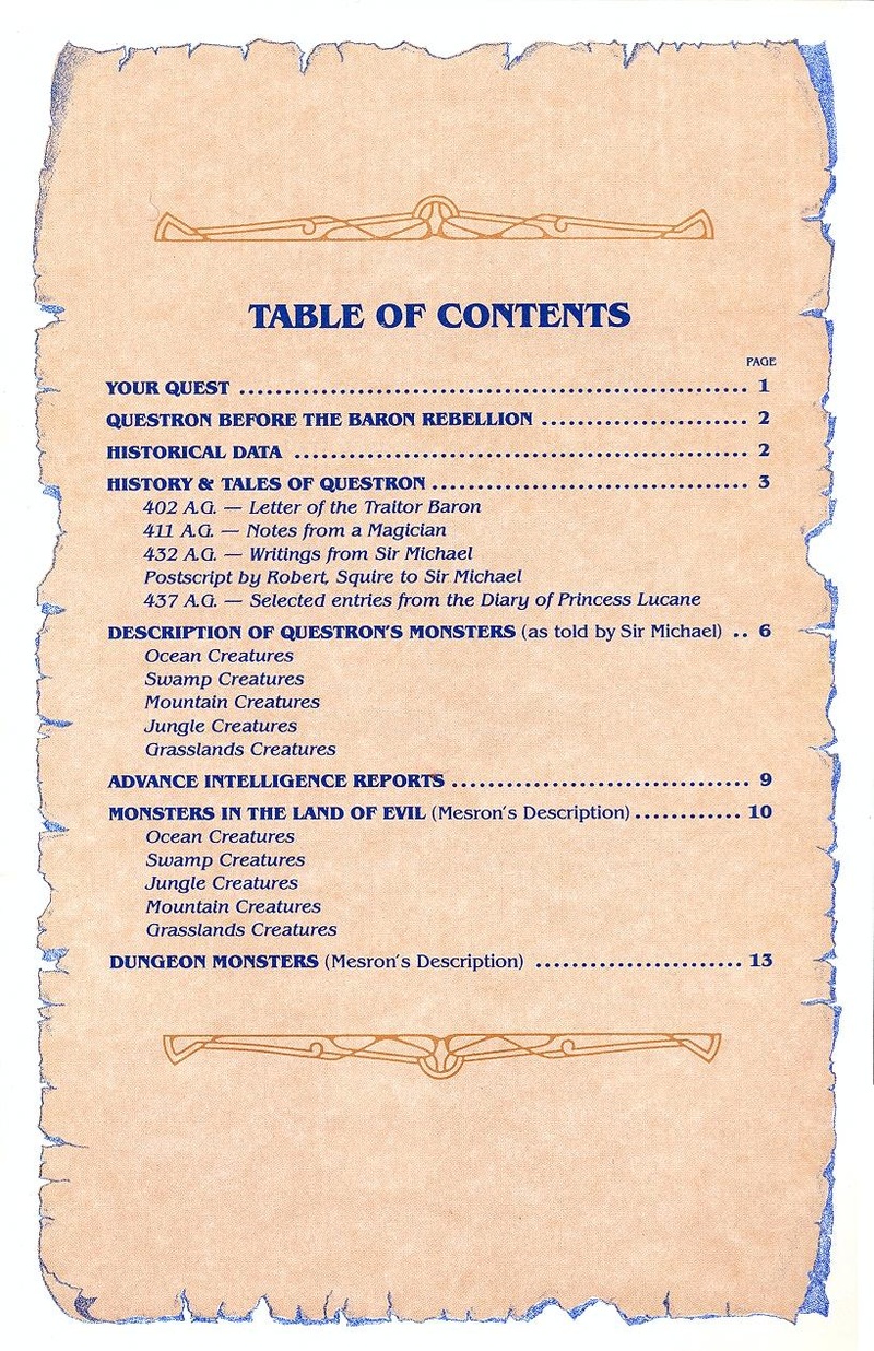 Questron manual table of contents