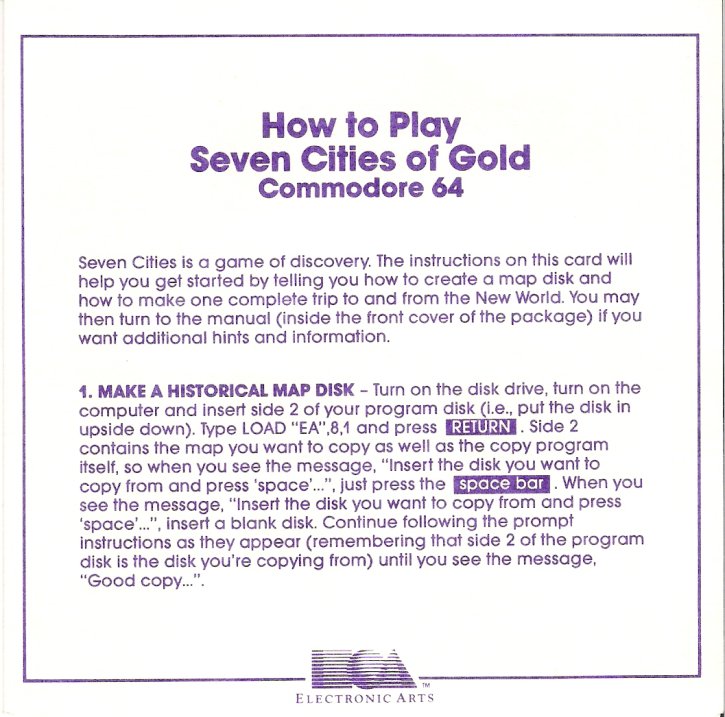 The Seven Cities of Gold Commodore 64 Instruction Card Page 1 