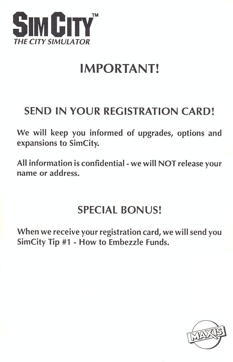 SimCity system card back