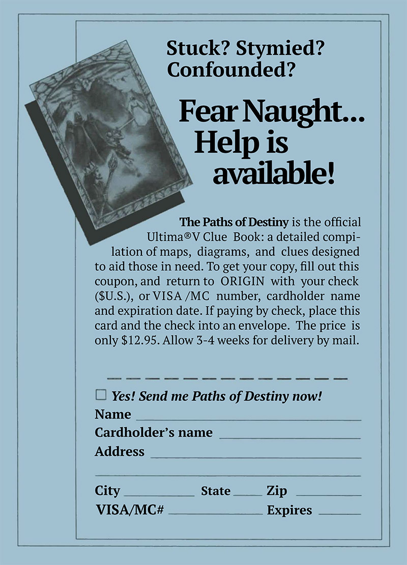 Ultima V: Warriors of Destiny Clue book ad front