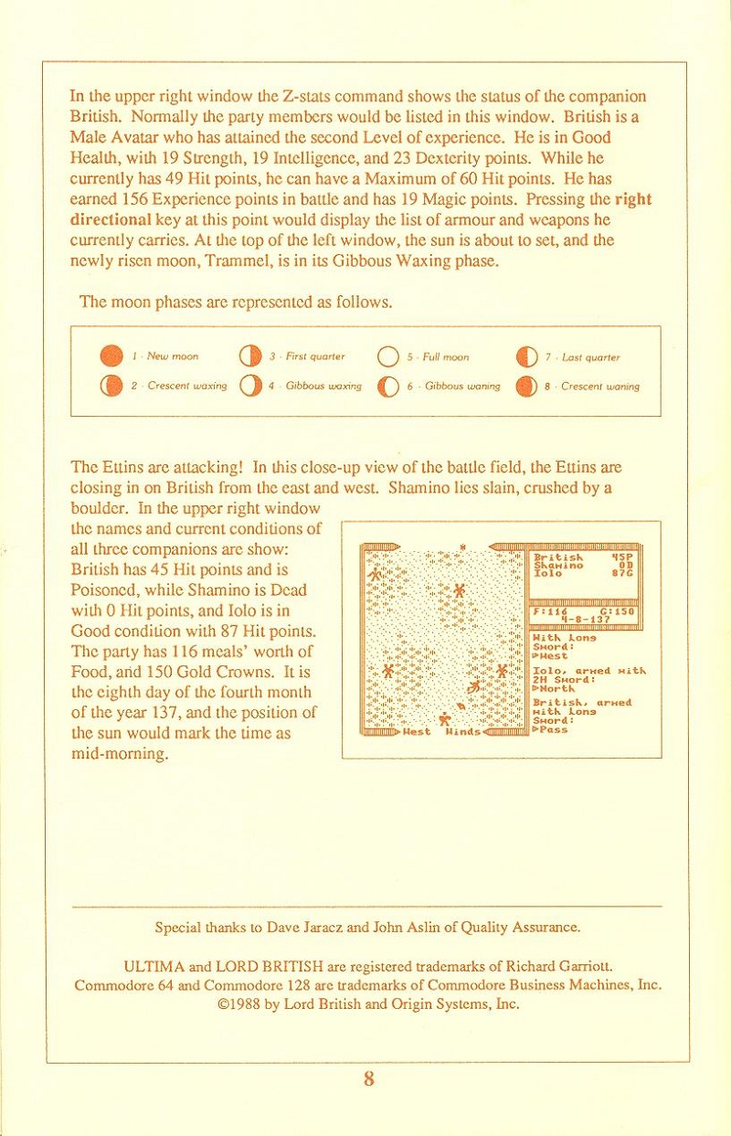 Ultima V: Warriors of Destiny Player reference card page 8