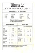 Ultima V: Warriors of Destiny Quick reference card front