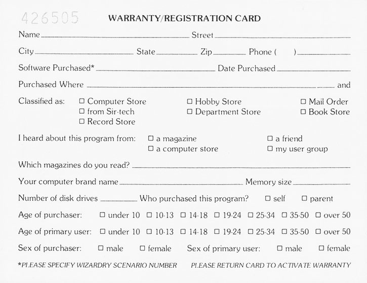 Wizardry: Proving Grounds of the Mad Overlord registration card 2