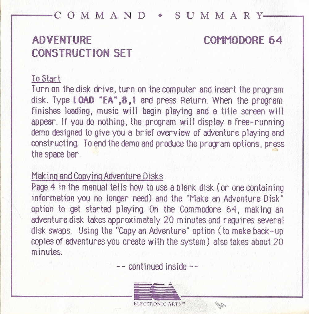 Adventure Construction Set command summary page 1