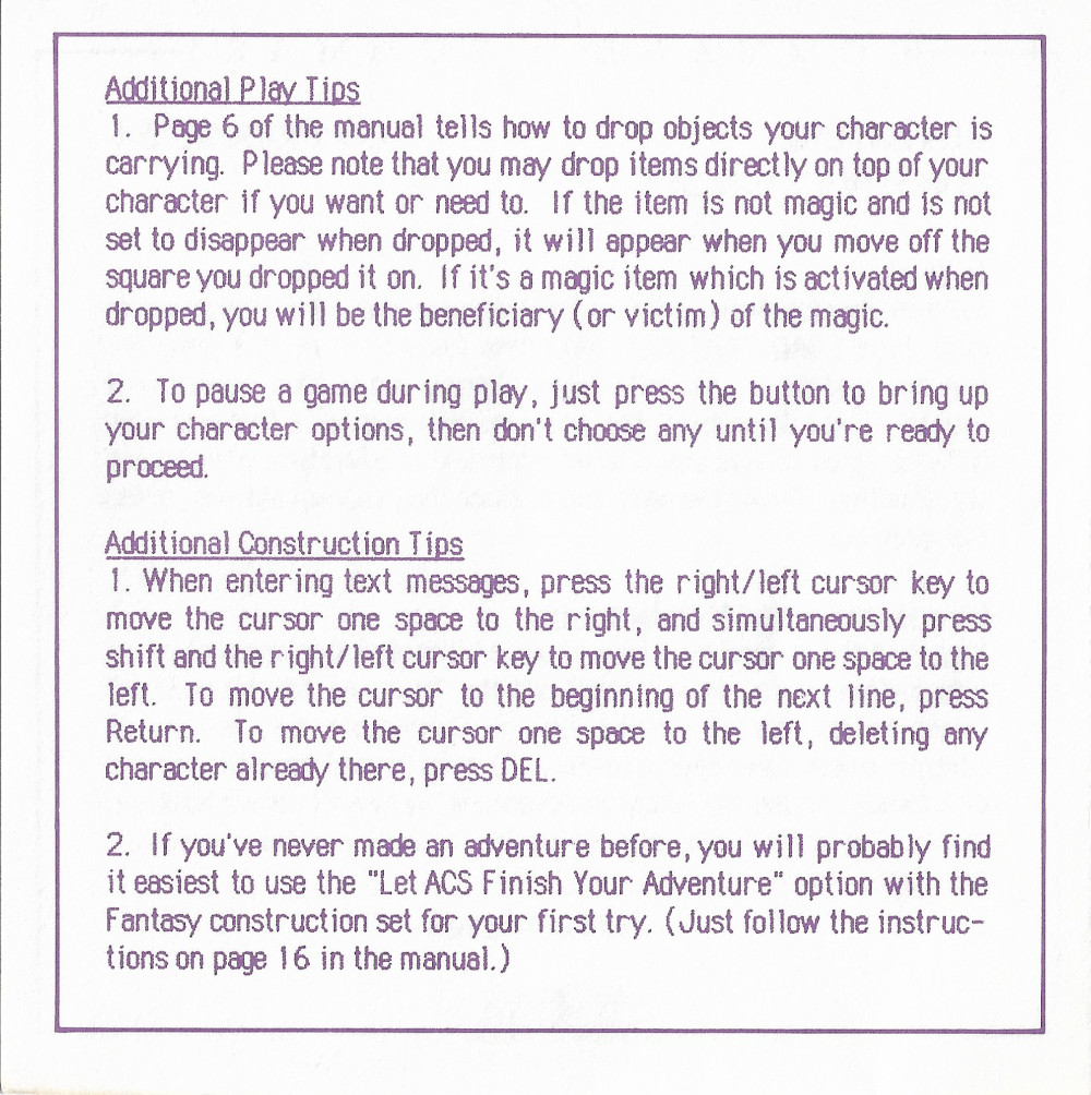 Adventure Construction Set command summary page 2