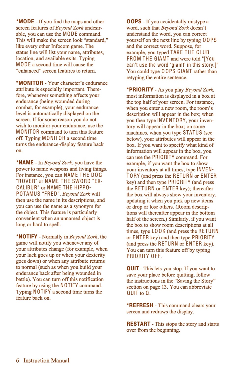 Beyond Zork Instruction manual page 6