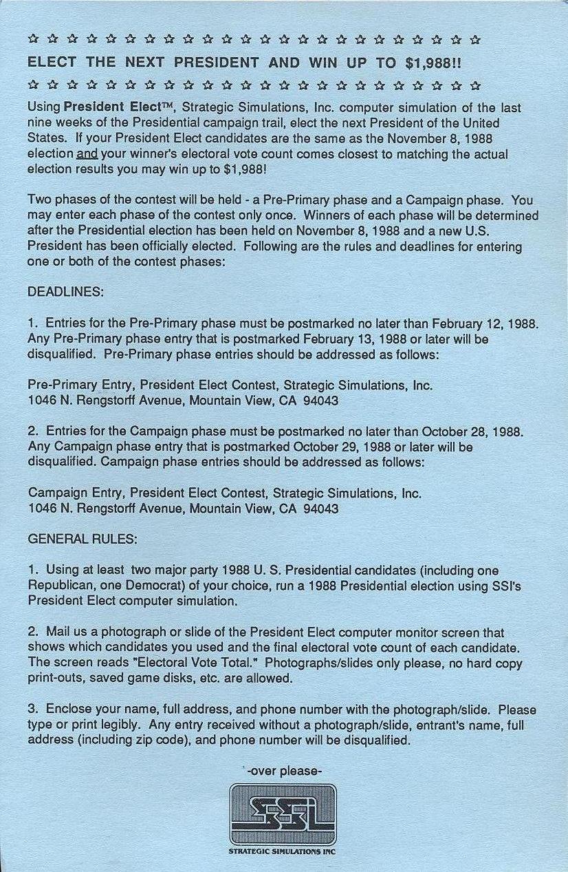 President Elect (1988 Edition) contest form front