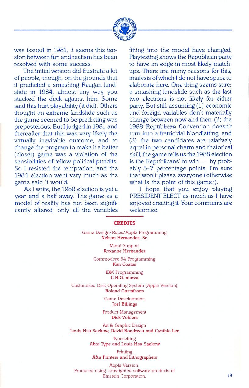 President Elect (1988 Edition) manual page 18