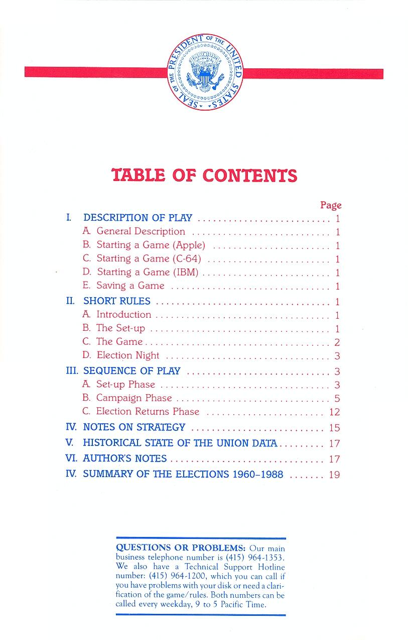 President Elect (1988 Edition) manual page ii
